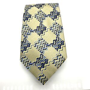 Stacy Adams Grande Knot Classic Yelow Blue Waves Neck Tie 100%‎ Silk Hand Made